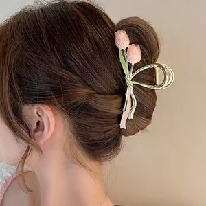 Pink Tulip Floral Metal Enamel Hair Clip